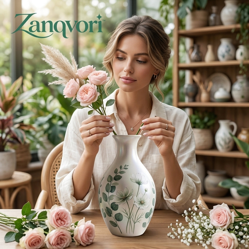 Zanqvori™ Pearlescent Ceramic Floral Vase – Vintage-Inspired Eucalyptus &amp; Wildflower Decorative Jug for Modern Farmhouse, Cottagecore Tabletop Centerpiece