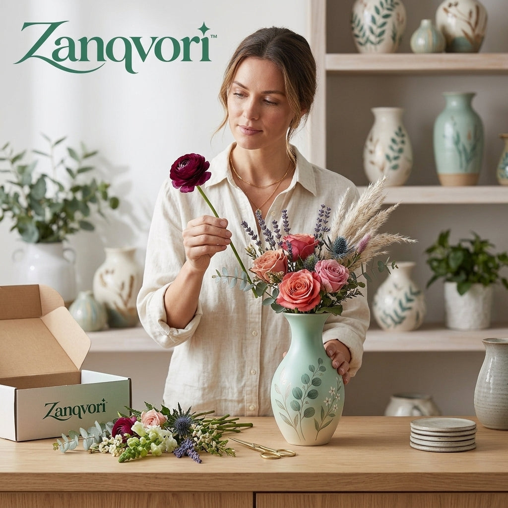 Zanqvori™ Handcrafted Sage Green Ceramic Vase, Elegant Ombre Botanical Floral Vase for Modern Farmhouse &amp; Living Room Home Decor