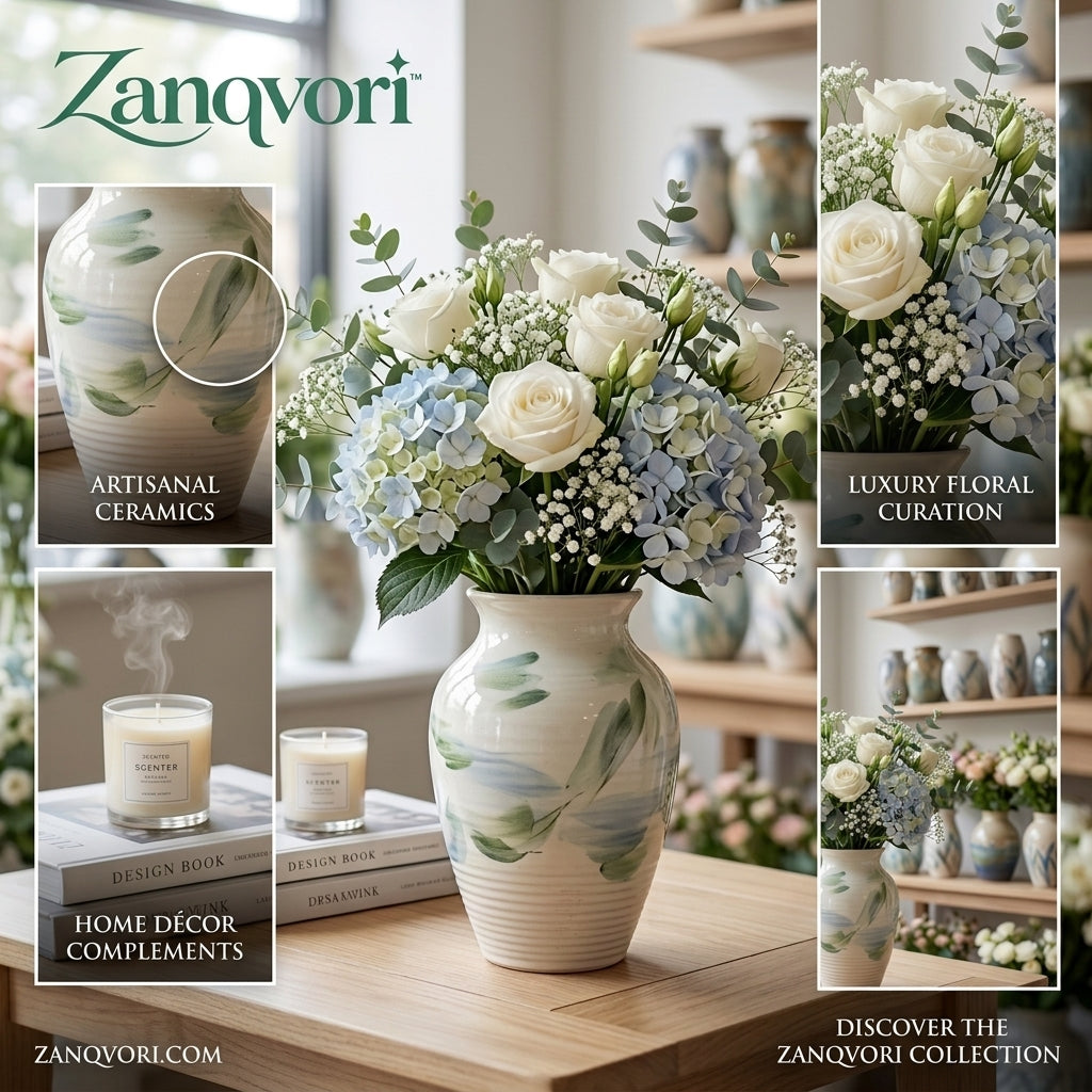 Zanqvori™ Hand-Painted Glazed Ceramic Vase – Artisanal Floral Centerpiece