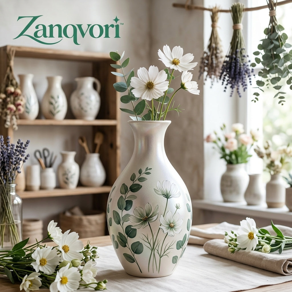 Zanqvori™ Pearlescent Ceramic Floral Vase – Vintage-Inspired Eucalyptus &amp; Wildflower Decorative Jug for Modern Farmhouse, Cottagecore Tabletop Centerpiece