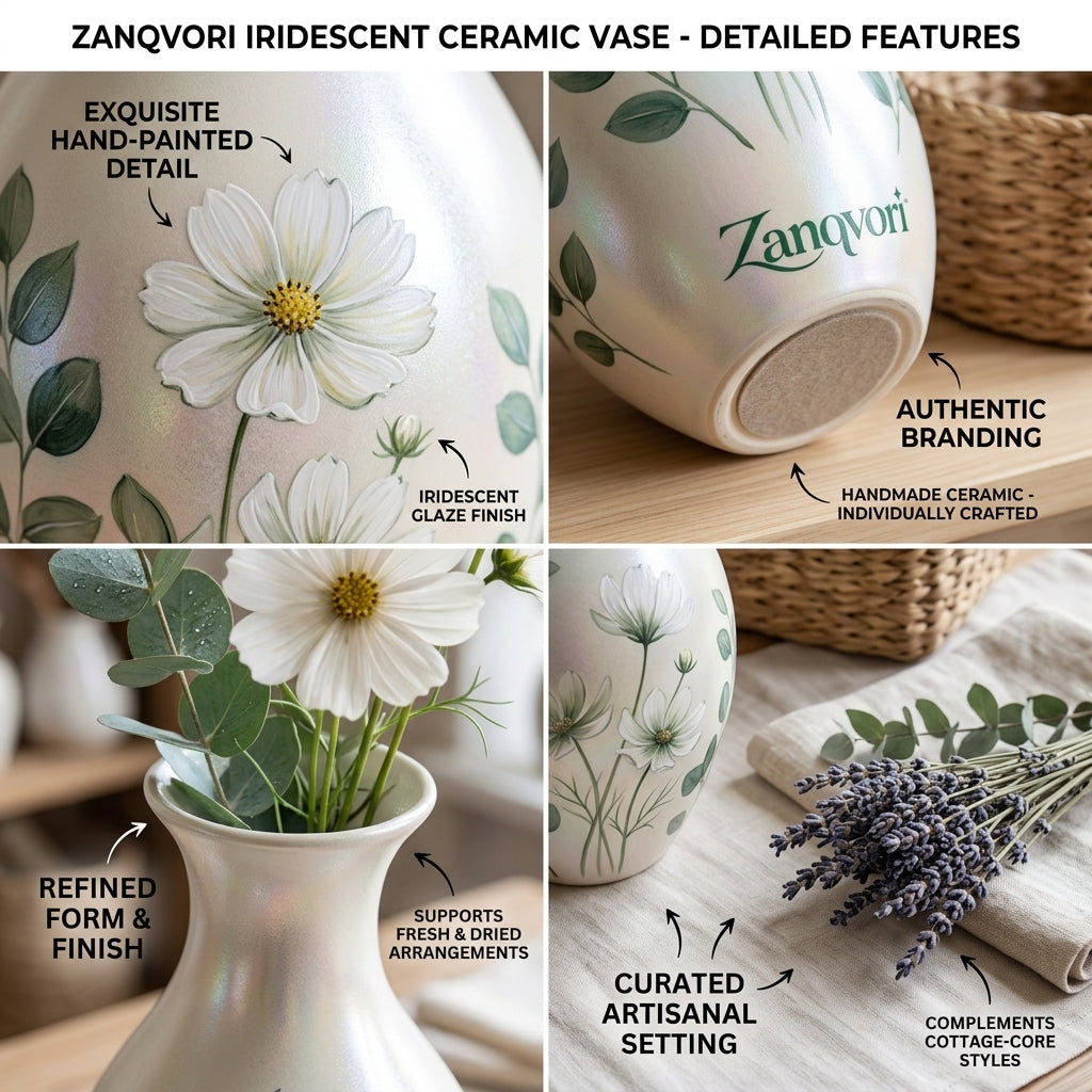 Zanqvori™ Pearlescent Ceramic Floral Vase – Vintage-Inspired Eucalyptus &amp; Wildflower Decorative Jug for Modern Farmhouse, Cottagecore Tabletop Centerpiece