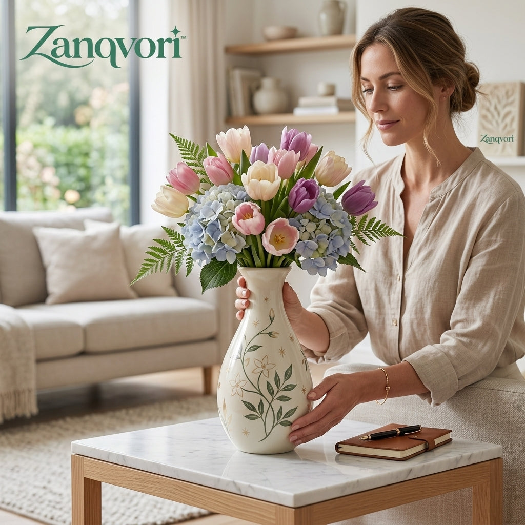 Zanqvori™ Handcrafted Botanical Ceramic Vase – Cream Floral Tabletop Centerpiece for Fresh &amp; Dried Flowers