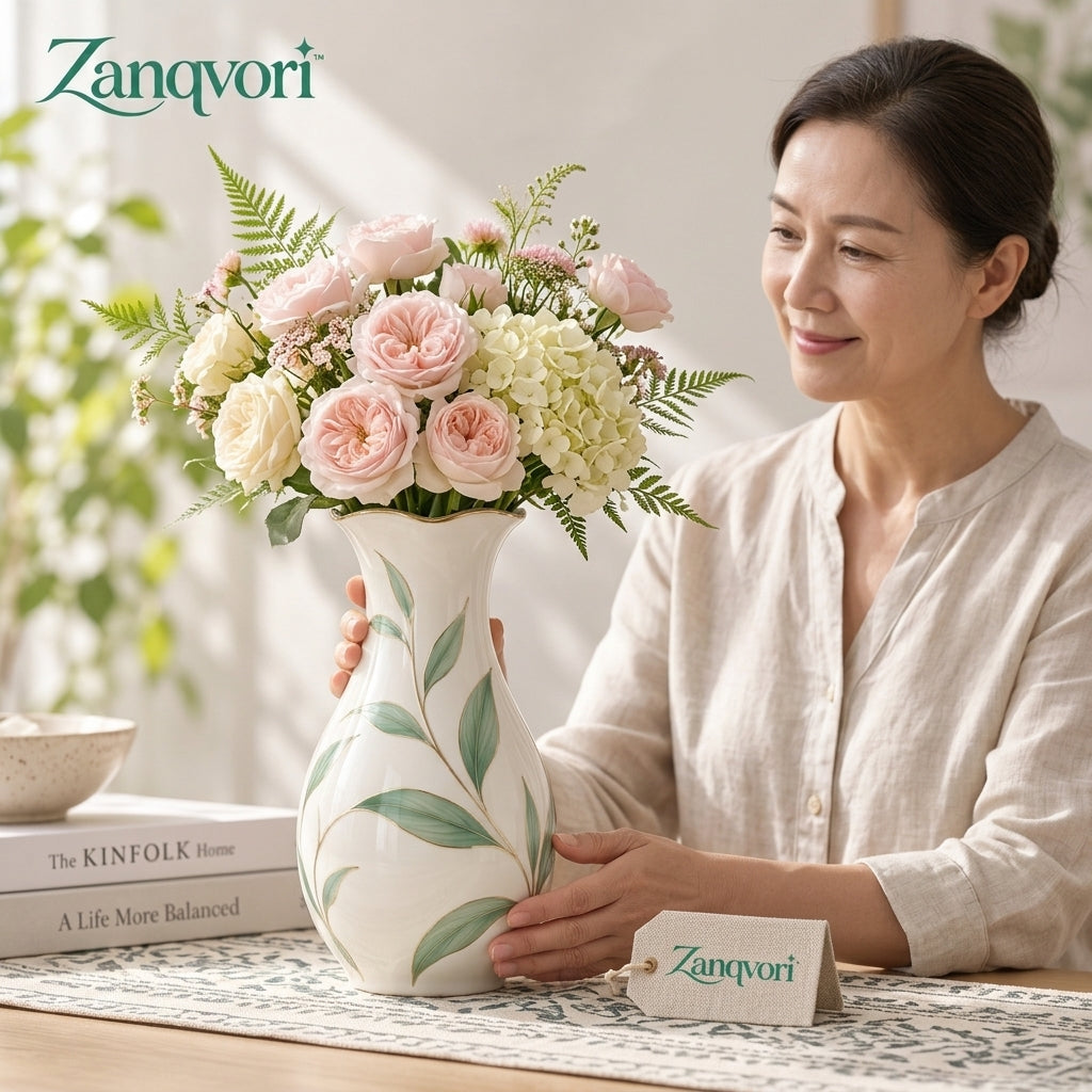Zanqvori™ Handcrafted Botanical Ceramic Vase with Gold Trim – Elegant Green Leaf Floral Centerpiece for Modern Home Decor