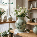 Zanqvori™ Hand-Painted Sage Green Ceramic Vase with Gilded Floral Accents – Vintage Crackle Glaze Centerpiece