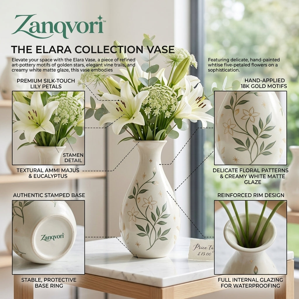 Zanqvori™ Handcrafted Botanical Ceramic Vase – Cream Floral Tabletop Centerpiece for Fresh &amp; Dried Flowers
