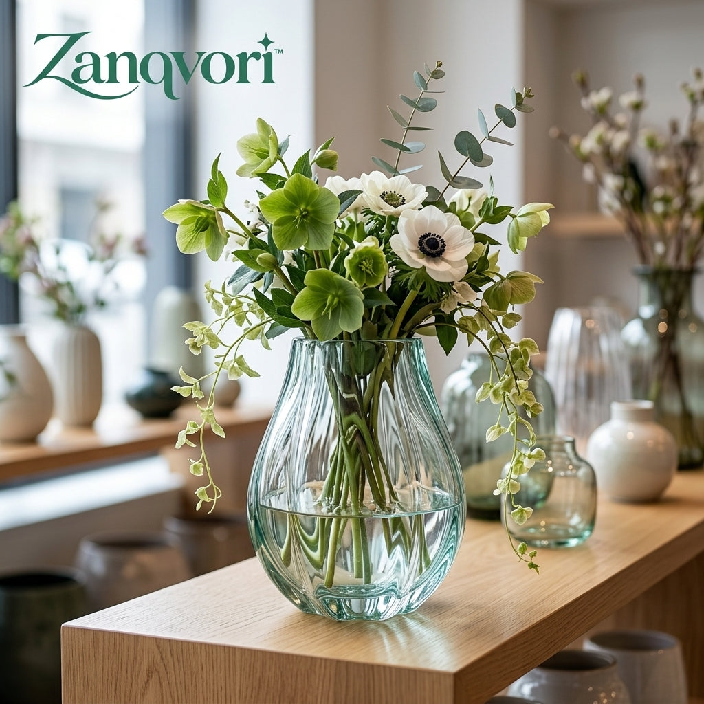Zanqvori™ Ribbed Clear Glass Flower Vase – Modern Fluted Floral Centerpiece for Home &amp; Living Decor