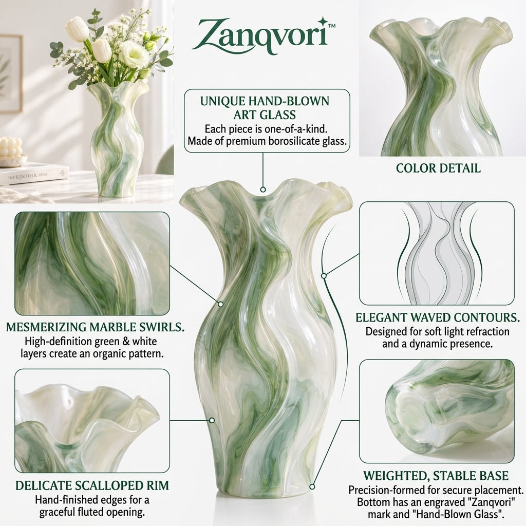 Zanqvori™ Modern Marbled Resin Wave Vase – Sage Green &amp; Cream Fluted Floral Centerpiece
